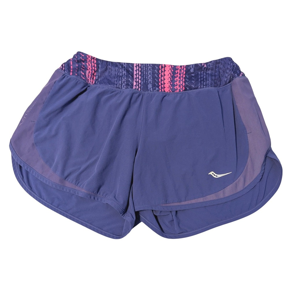 Saucony Run Dry Womens Size M Purple Pink Geometric Waistband Running Shorts